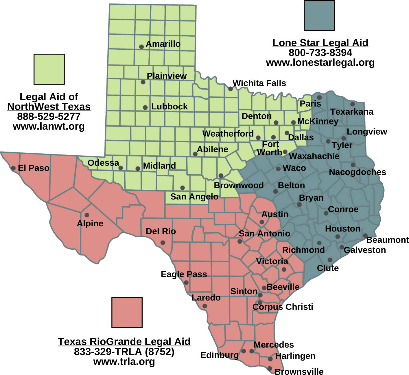 Texas map showing regions served by Legal Aid of NorthWest Texas, Texas RioGrande Legal Aid, and Lone Star Legal Aid programs