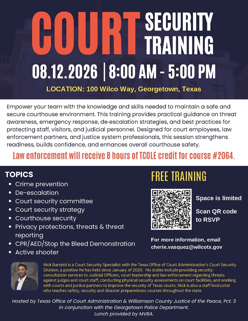 Flyer for Court Security Training on August 12, 2026, including schedule, topics, and RSVP information